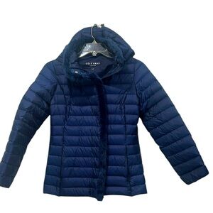 Cole Haan blue puffy lightweight fur trim hoodie jacket size S